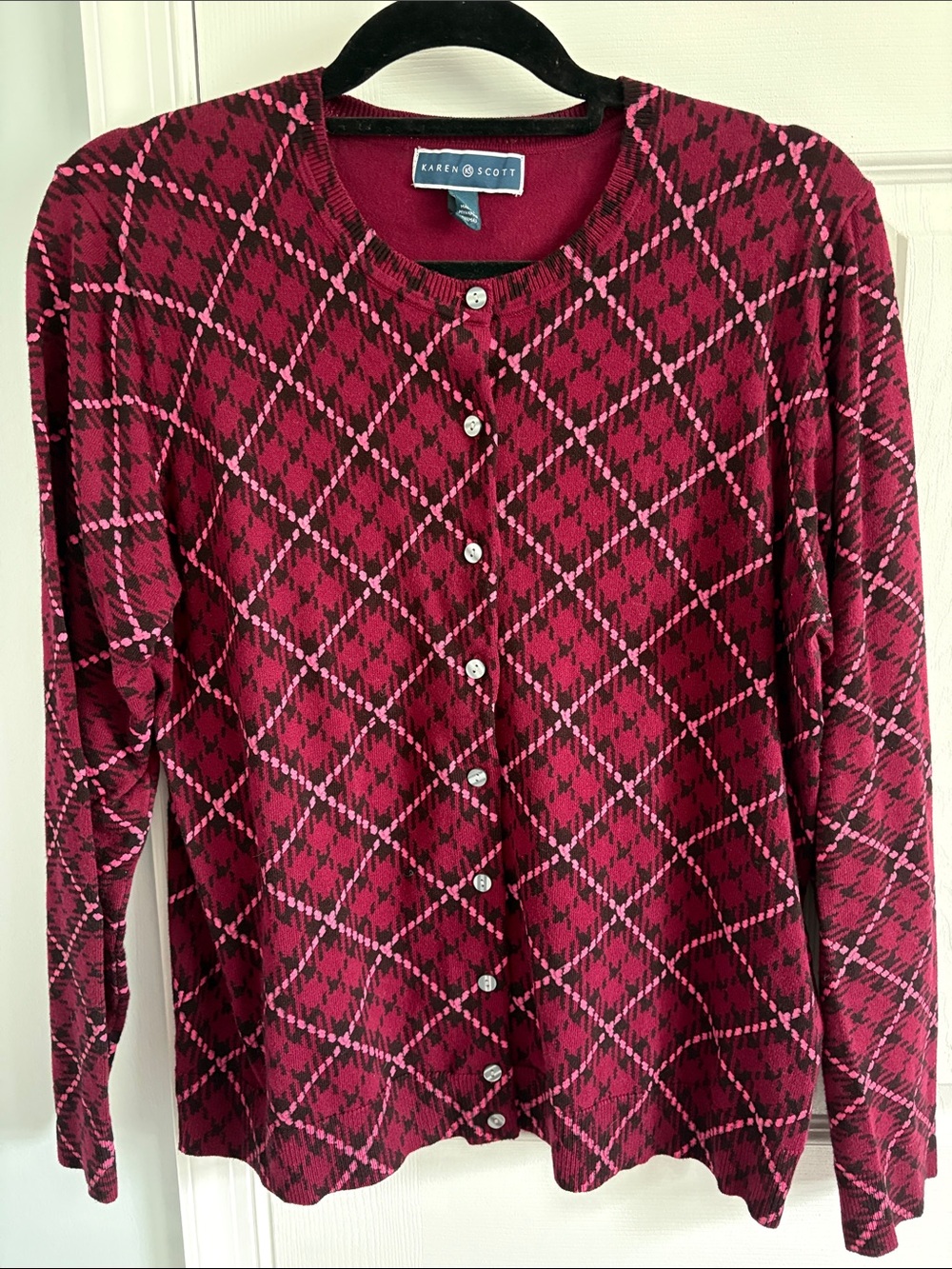 Karen Scott Burgundy and Pink Argyle Plaid Button-Front Cardigan Size Large
